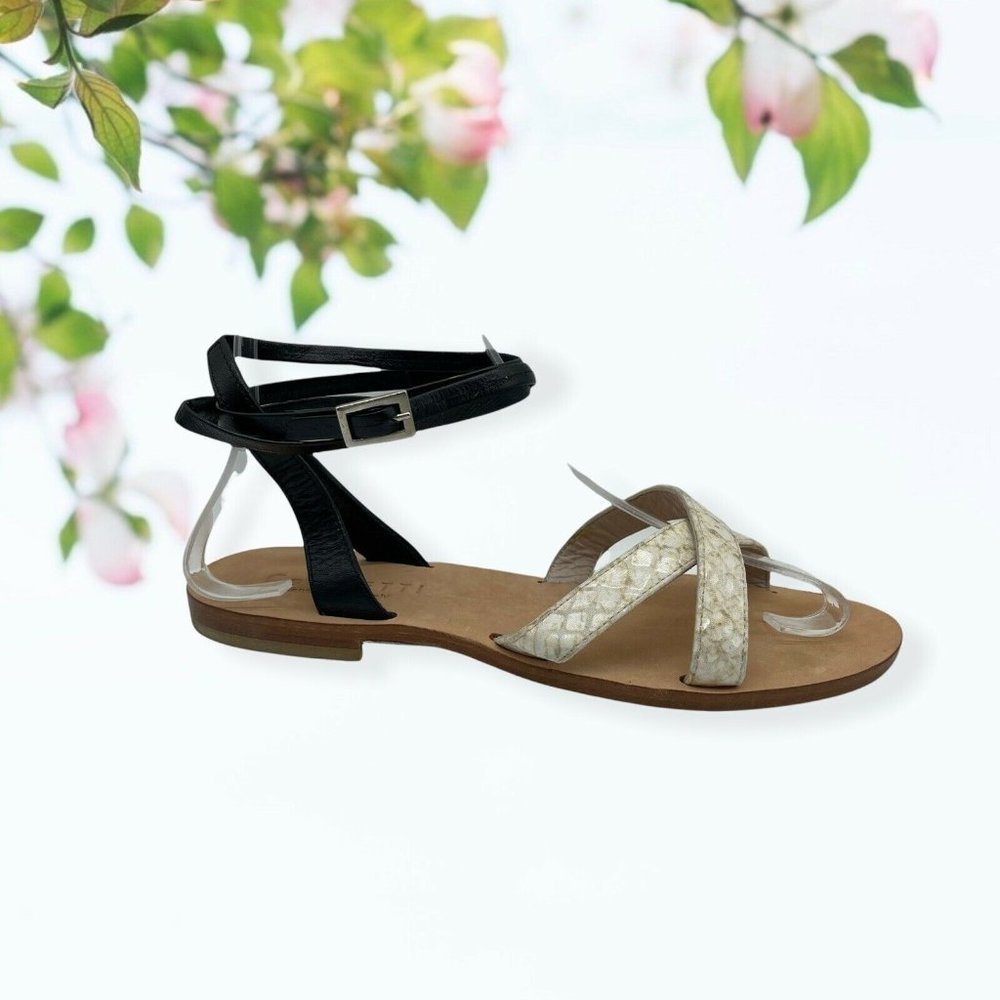 Cornetti Black and Cream Leather Sandals with Criss Cross Design - Size 37